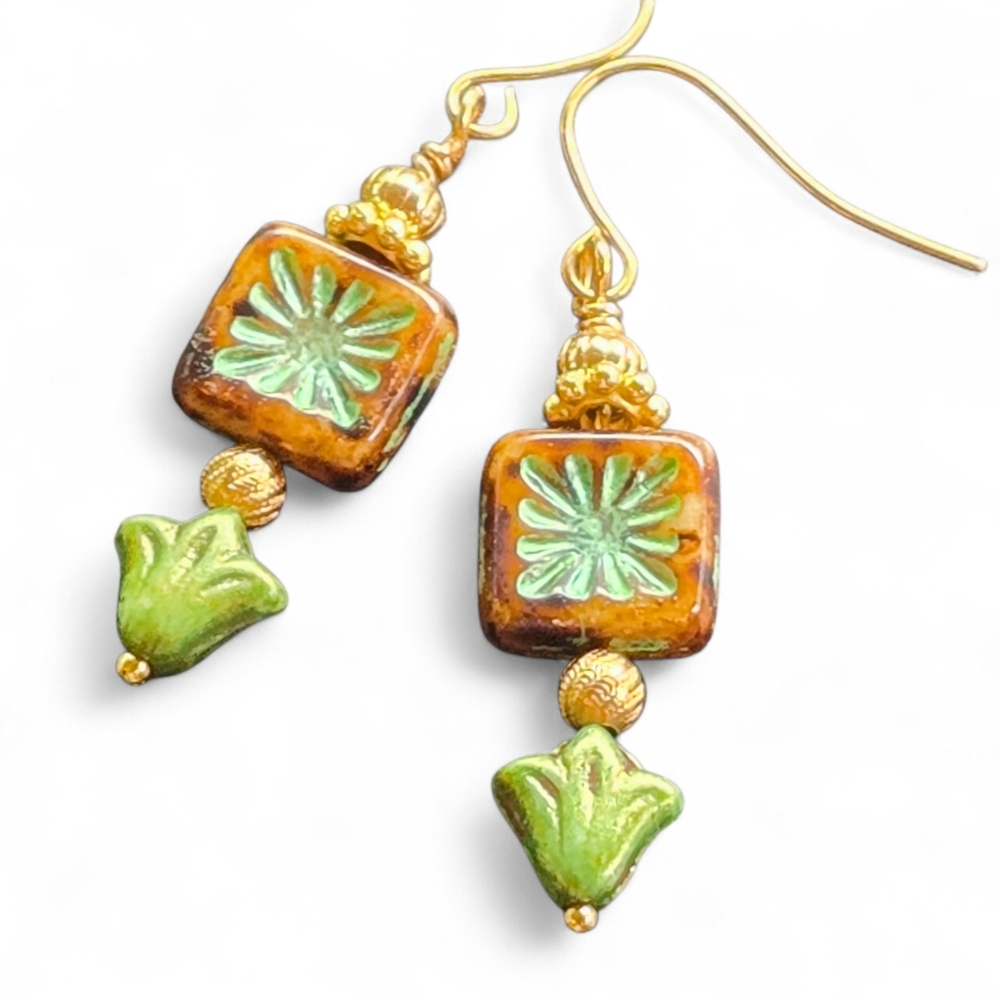 Handmade Czech Earrings Summer Tropical Vacation Leaf Gold Brown